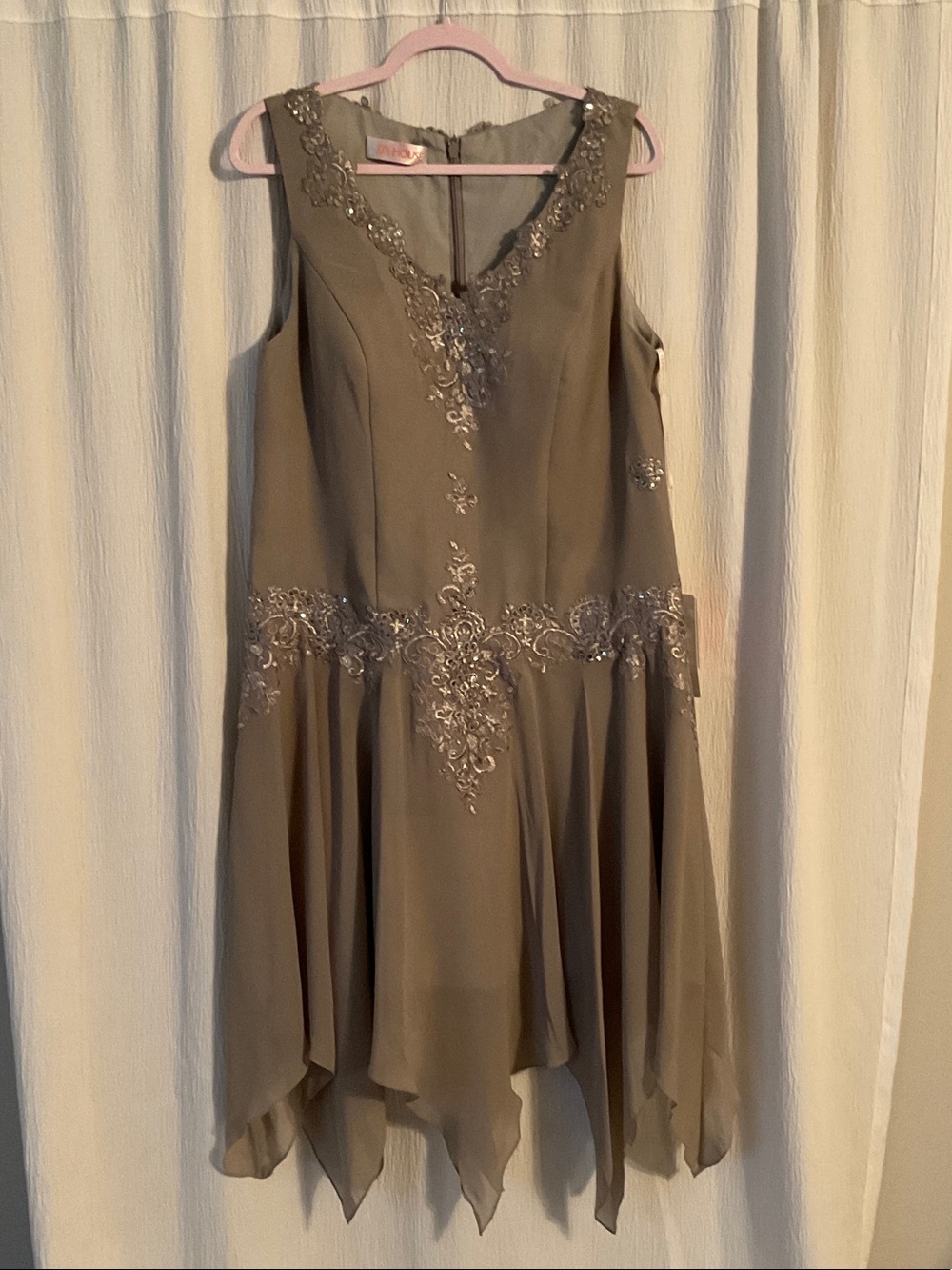 JJs House Taupe Sleeveless Embroidered Handkerchief Hem Dress